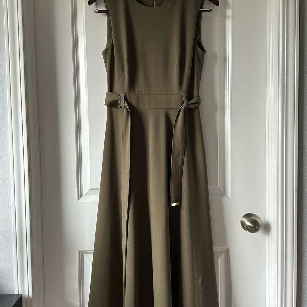 Calvin Klein Olive Green Maxi Dress with Waist Tie